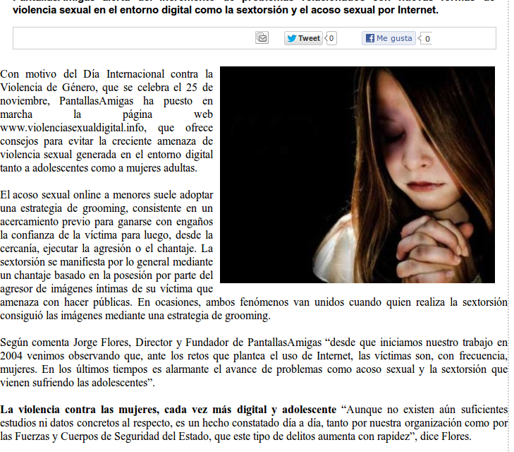 La violencia sexual contra mujeres y adolescentes aumenta en Internet [Cantabria24horas.com]