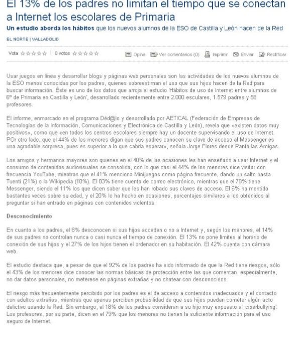 El 13% de los padres no limitan el tiempo que se conectan a Internet los escolares de Primaria [NorteCastilla.es]
