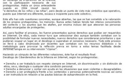 Decálogo de Ciberderechos de la Infancia, según los adolescentes en el contexto de INTERNETamiga [Andalucia24horas.com]