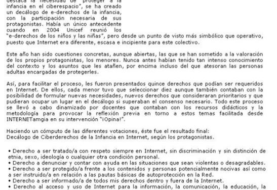 Decálogo de Ciberderechos de la Infancia, según los adolescentes en el contexto de INTERNETamiga [Andalucia24horas.com]