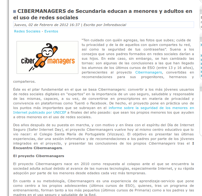 CIBERMANAGERS de Secundaria educan a menores y adultos en el uso de redes sociales [InfoRedSocial.es]