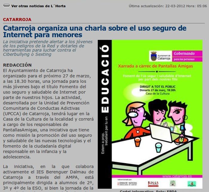 Catarroja organiza una charla sobre el uso seguro de Internet para menores [ElPeriodicoDeAqui.com]