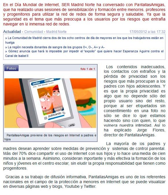 [Audio] PantallasAmigas previene de los riesgos en Internet a padres e hijos [SER Madrid Norte]