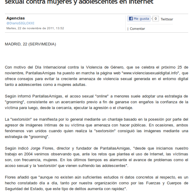 Violencia género. Crean una web para prevenir la violencia sexual contra mujeres y adolescentes en Internet [DiarioSigloXXI.com]