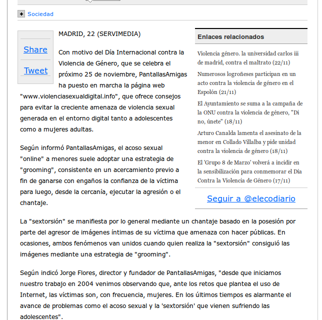 Violencia género. Crean una web para prevenir la violencia sexual contra mujeres y adolescentes en internet [ElEconomista.es]