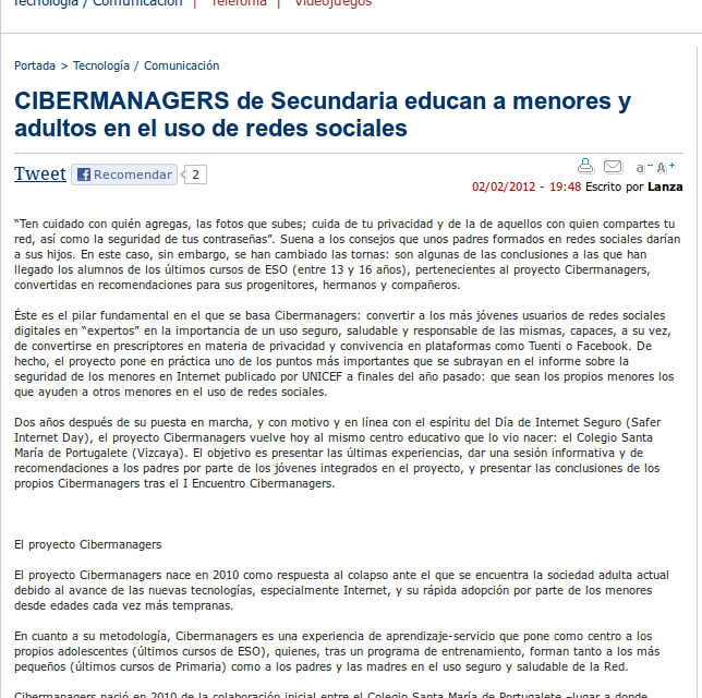 CIBERMANAGERS de Secundaria educan a menores y adultos en el uso de redes sociales [LanzaDigital.com]