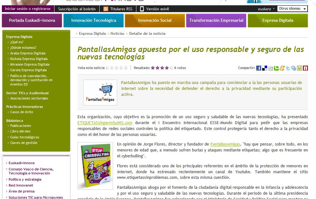 PantallasAmigas apuesta por el uso responsable y seguro de las nuevas tecnologías [Euskadinnova.net]