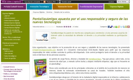 PantallasAmigas apuesta por el uso responsable y seguro de las nuevas tecnologías [Euskadinnova.net]