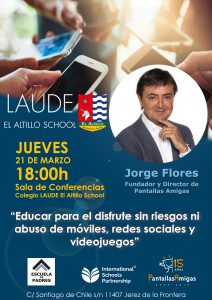 Cartel de la conferencia sobre uso digital saludable que tendrá lugar en el colegio Laude El Altillo con Jorge Flores como ponente