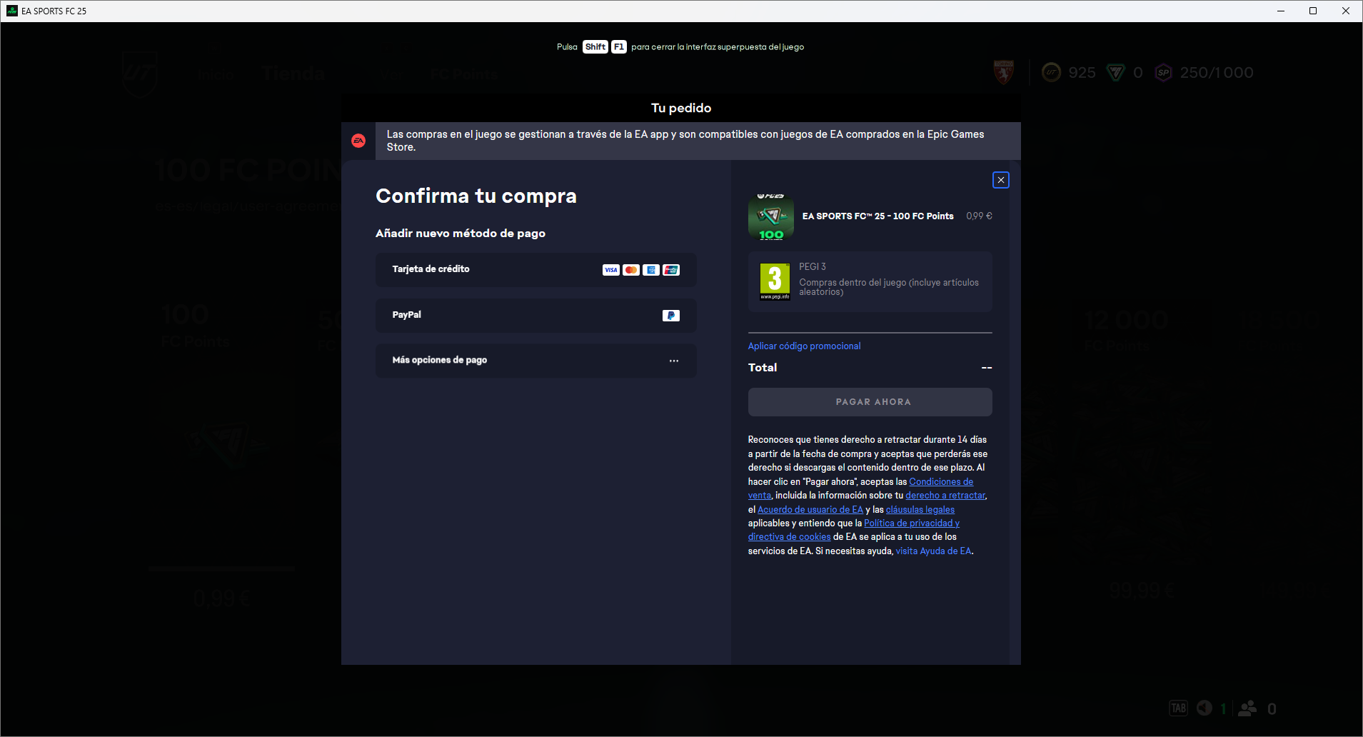 Pantalla final para realizar el pago con dinero real Pantalla final para realizar el pago con dinero real